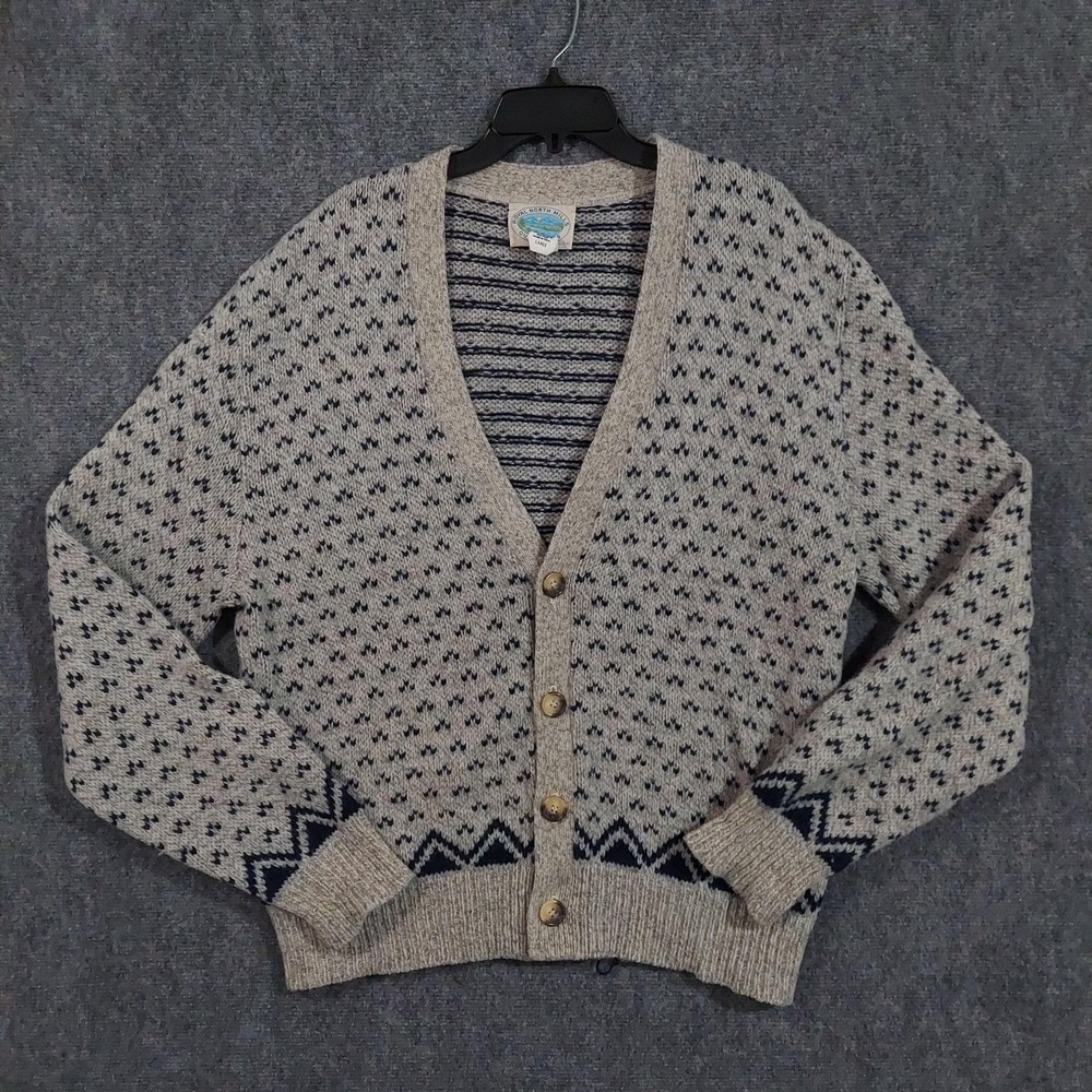 Royal North‎ Mills Sweater Mens Large Gray Wool Cardigan Knit Patterned Made USA